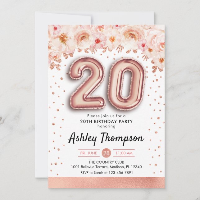 20th Birthday Party - Rose Gold Balloons Invitation (Front)