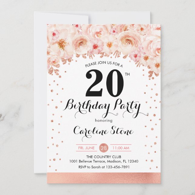 20th Birthday Party - Rose Gold Flowers Invitation (Front)