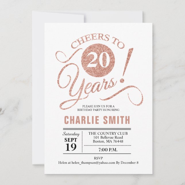 20th Birthday Party - Rose Gold White Invitation (Front)