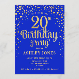 20th Birthday Party - Royal Blue & Gold Invitation