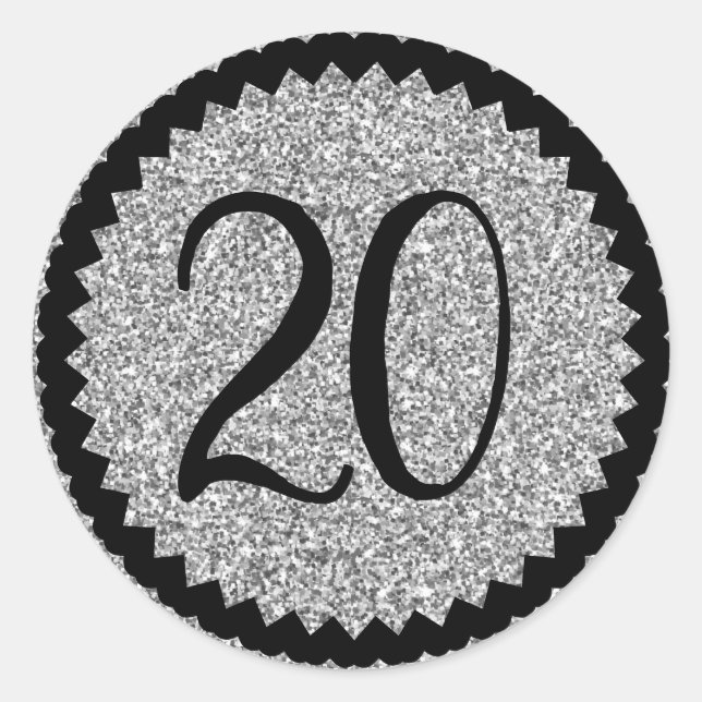 20th Birthday Party Silver Glitter Classic Round Sticker (Front)