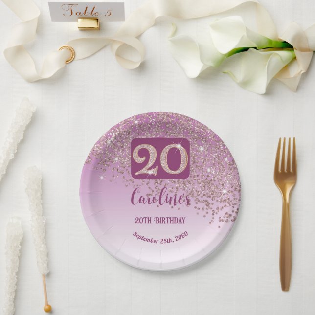 20th Birthday Party Sparkle Rose Gold Glitter Paper Plate (Wedding)