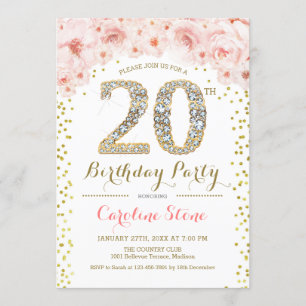 20th Birthday Party - White Gold Pink Invitation