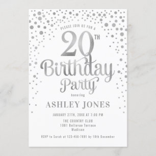 20th Birthday Party - White & Silver Invitation