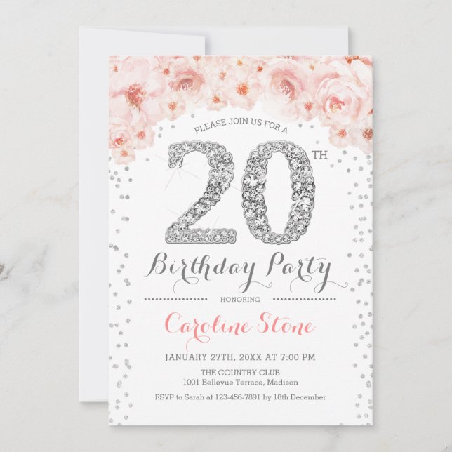 20th Birthday Party - White Silver Pink Invitation (Front)