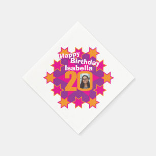 20th birthday photo and name pink star napkins