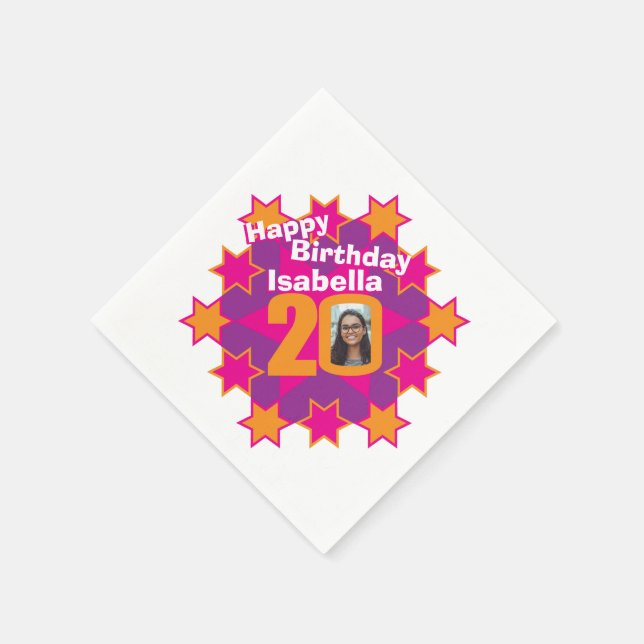 20th birthday photo and name pink star napkins (Corner)