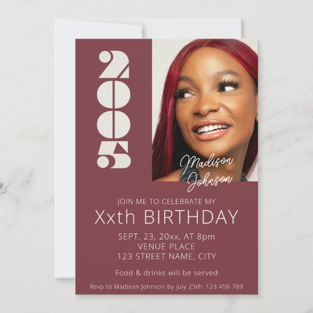 20th birthday photo born in 2005 green invitation (Front)