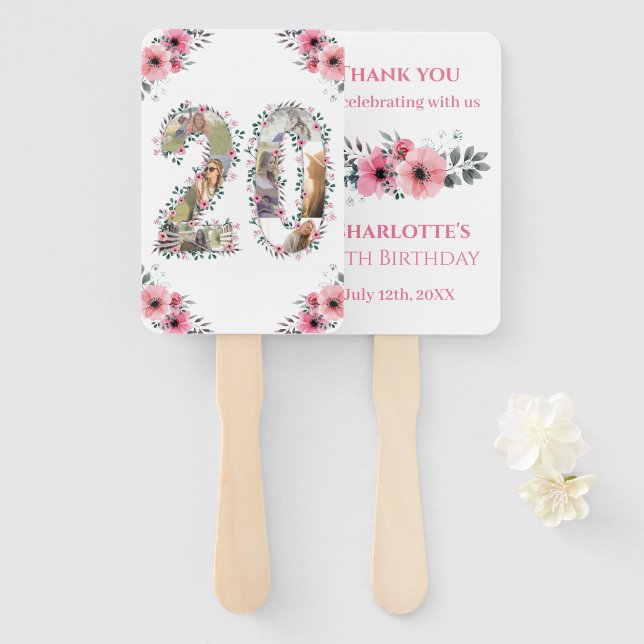 20th Birthday Photo Collage Girl Pink Flower White Hand Fan (Front and Back)