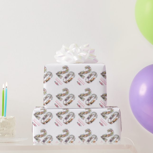 20th Birthday Photo Collage Girl Pink Flower White Wrapping Paper (Party Gifts)
