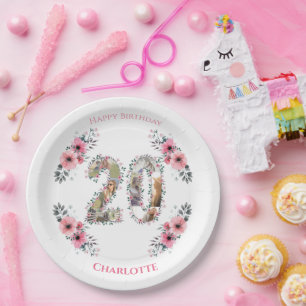 20th Birthday Photo Collage Pink Flower Girl White Paper Plate