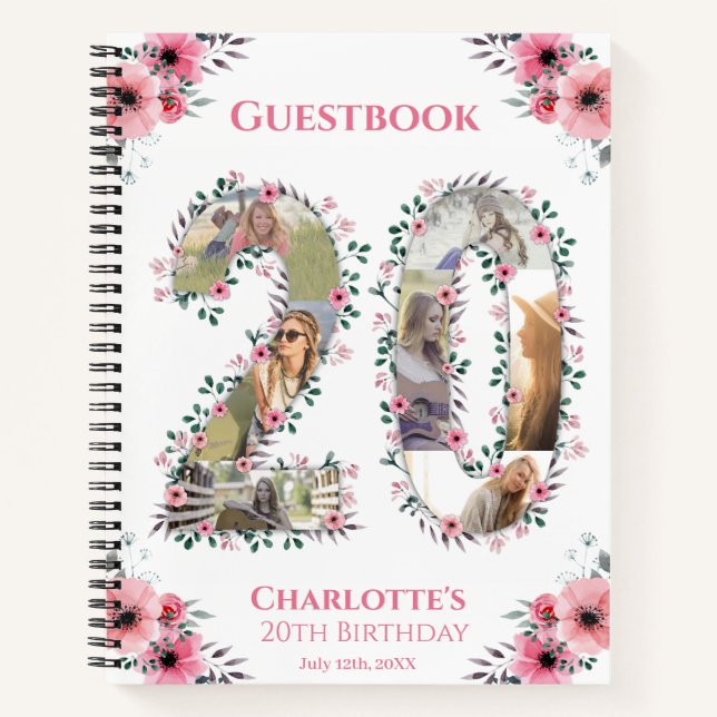 20th Birthday Photo Pink Flower White Guest Book (Front)