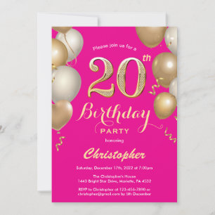 20th Birthday Pink and Hot Pink Balloons Confetti Invitation