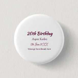 20th birthday pink purple name date message simple 3 cm round badge