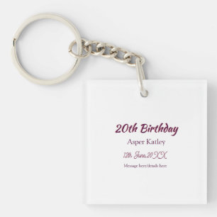 20th birthday pink purple name date message simple key ring