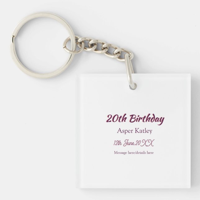 20th birthday pink purple name date message simple key ring (Front)