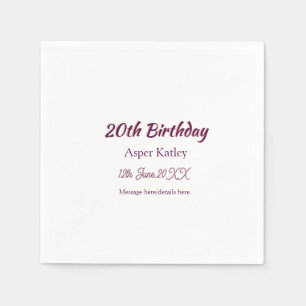 20th birthday pink purple name date message simple napkin