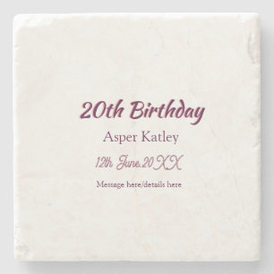 20th birthday pink purple name date message simple stone coaster