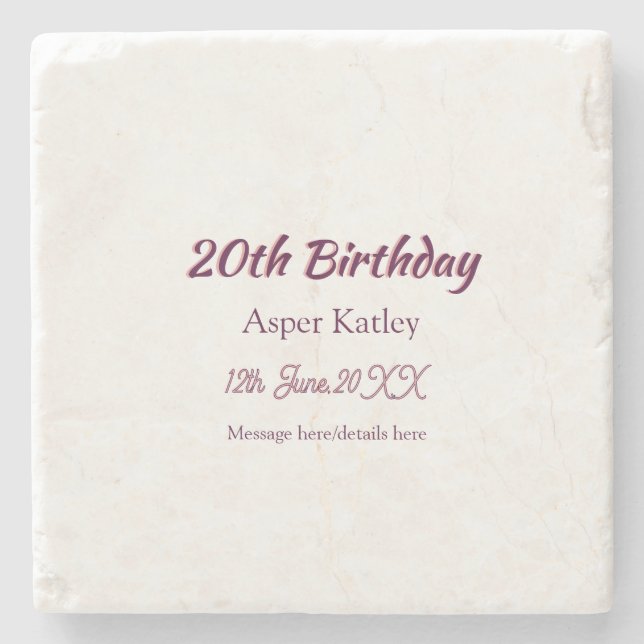 20th birthday pink purple name date message simple stone coaster (Front)