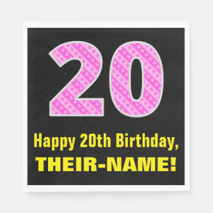 20th Birthday: Pink Stripes and Hearts "20" + Name Napkin