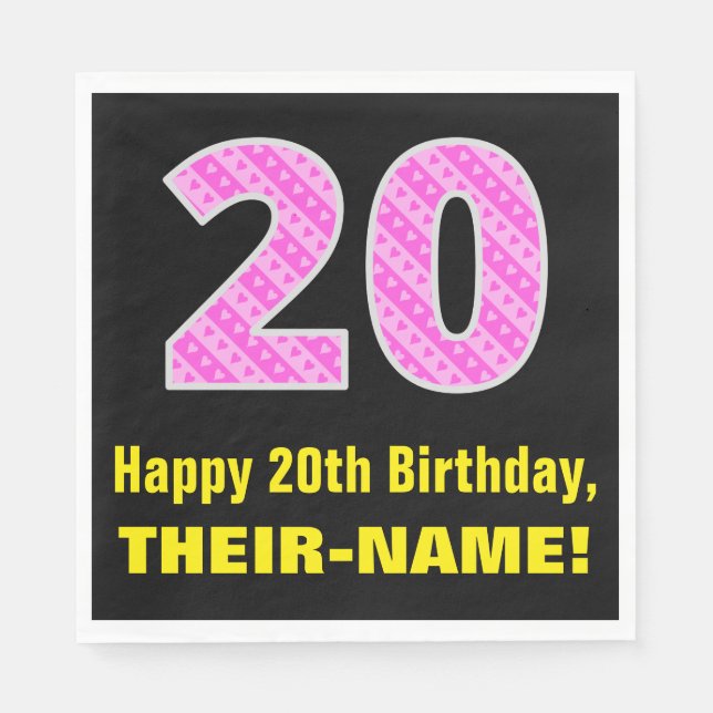 20th Birthday: Pink Stripes and Hearts "20" + Name Napkin (Front)
