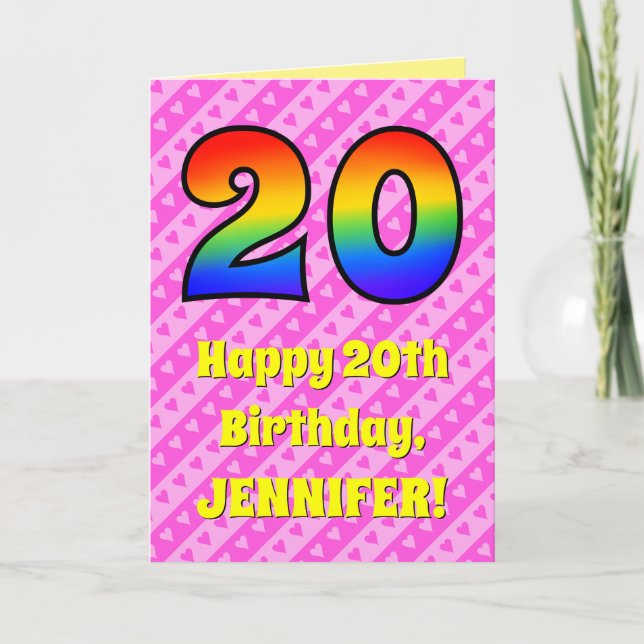 20th Birthday: Pink Stripes & Hearts, Rainbow # 20 Card (Front)