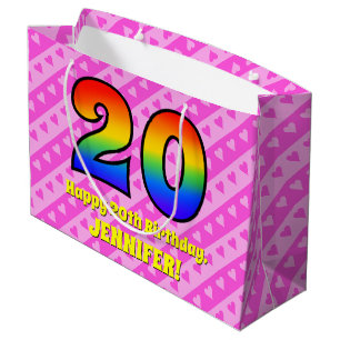 20th Birthday: Pink Stripes & Hearts, Rainbow # 20 Large Gift Bag