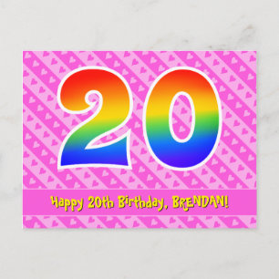 20th Birthday: Pink Stripes & Hearts, Rainbow 20 Postcard