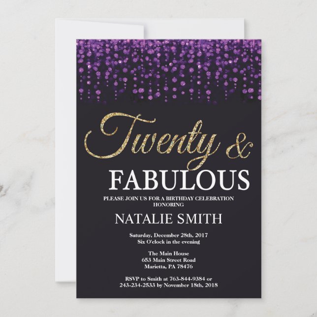 20th Birthday Purple and Gold Glitter Invitation (Front)