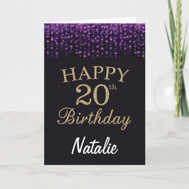 20th Birthday Purple Black and Gold Glitter Card (Front)