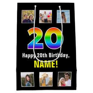 20th Birthday: Rainbow “20“, Custom Photos & Name Medium Gift Bag
