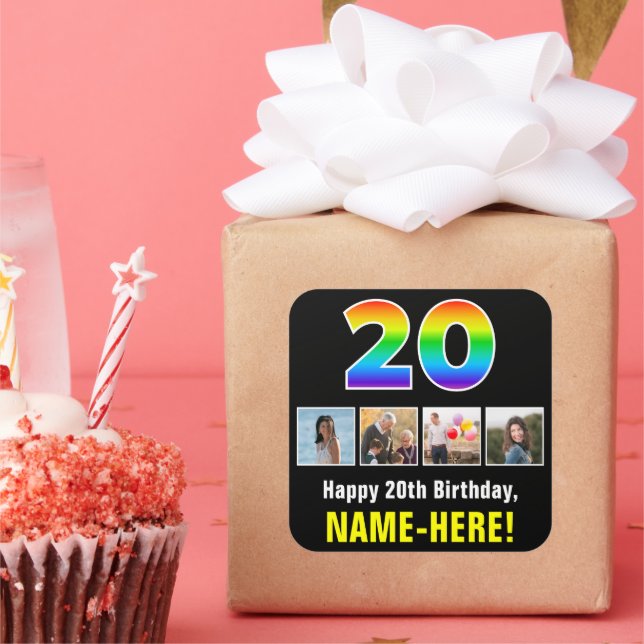 20th Birthday: Rainbow “20”; Custom Photos & Name Square Sticker (Party)