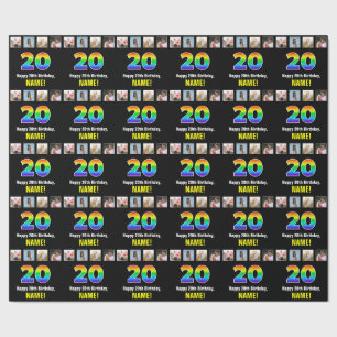 20th Birthday: Rainbow “20“; Custom Photos & Name Wrapping Paper