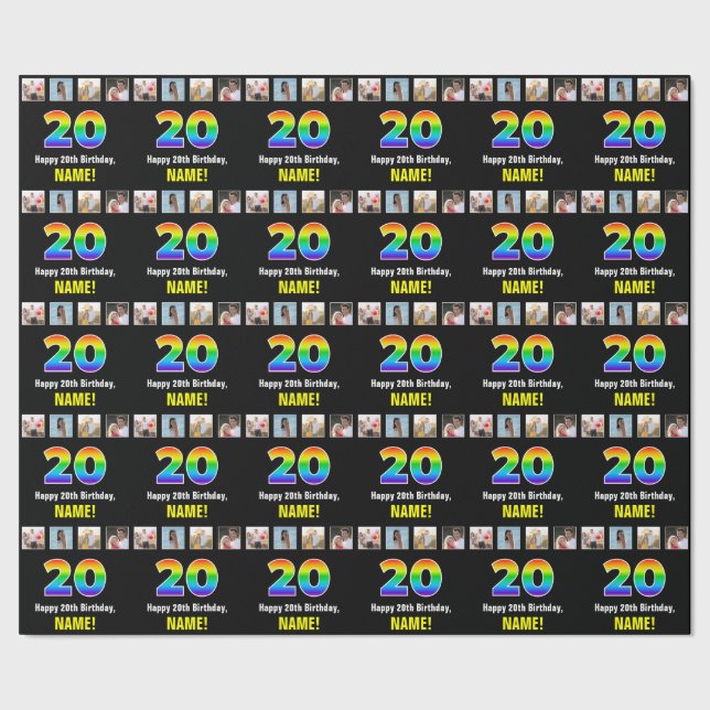 20th Birthday: Rainbow “20“; Custom Photos & Name Wrapping Paper (Seam)