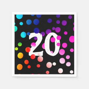 20th Birthday Rainbow Dots on Black Napkin