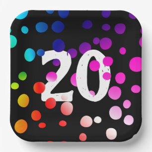 20th Birthday Rainbow Dots on Black  Paper Plates