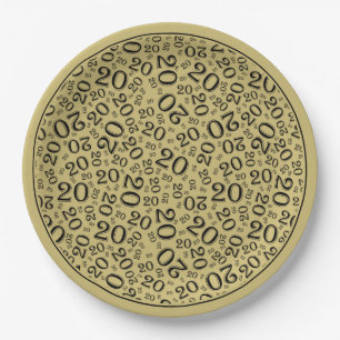 20th Birthday Random Number Pattern 20 Black/Gold Paper Plate
