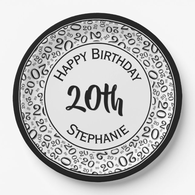 20th Birthday Random Number Pattern 20 Black/White Paper Plate (Front)