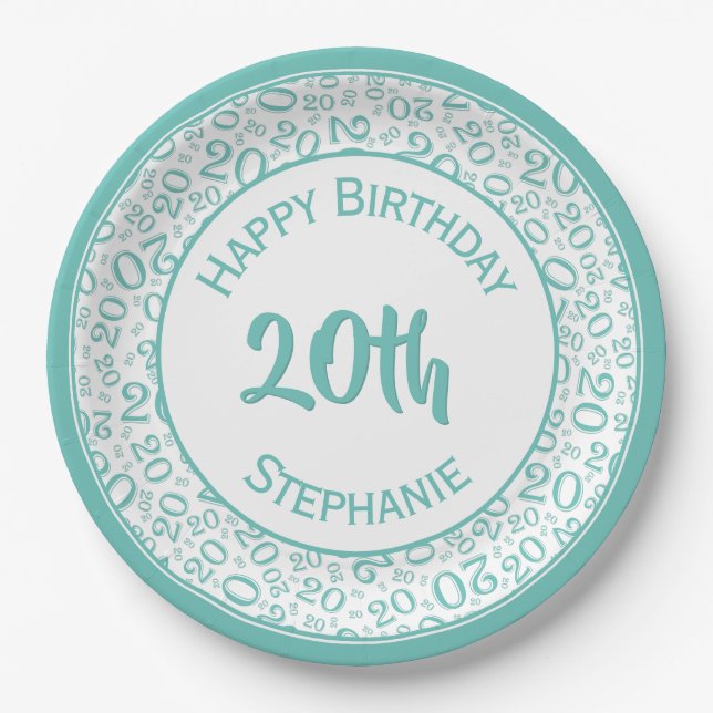 20th Birthday Random Number Pattern 20 Teal/White Paper Plate (Front)