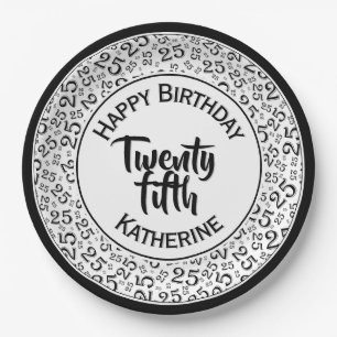 20th Birthday Random Number Pattern 25 Black/White Paper Plate
