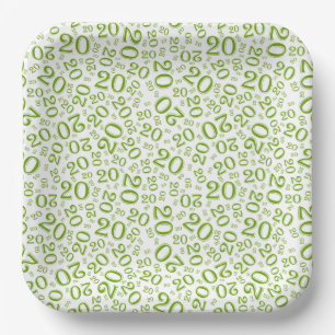 20th Birthday Random Number Pattern Green/White 20 Paper Plate