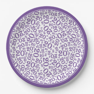 20th Birthday Random Number Pattern Purple/White Paper Plate