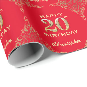 20th Birthday Red and Gold Glitter Frame Wrapping Paper