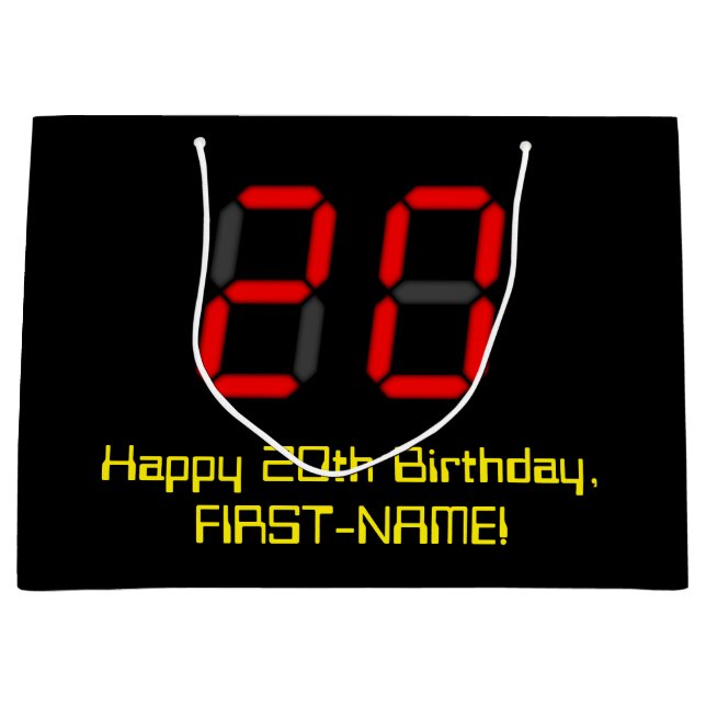 20th Birthday: Red Digital Clock Style "20" + Name Large Gift Bag (Front)