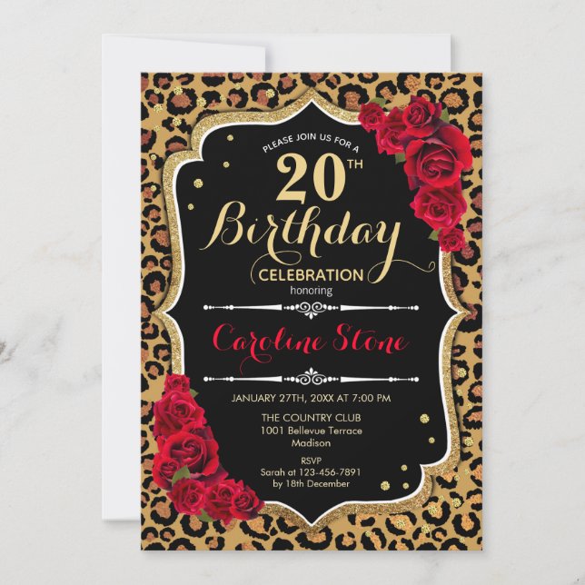 20th Birthday - Red Roses Leopard Print Invitation (Front)
