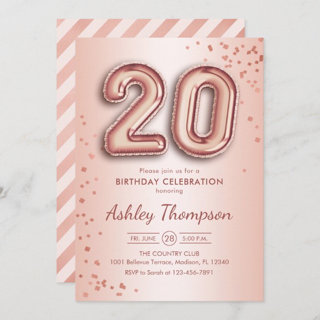 20th Birthday - Rose Gold Balloons Invitation (Front/Back)