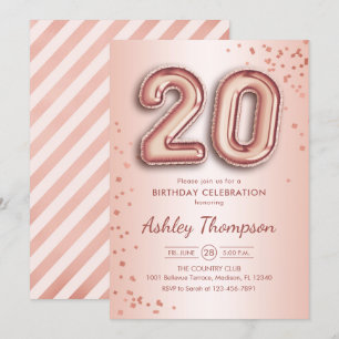 20th Birthday - Rose Gold Balloons Invitation