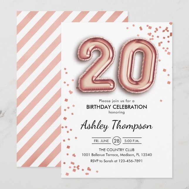 20th Birthday - Rose Gold Balloons Invitation (Front/Back)