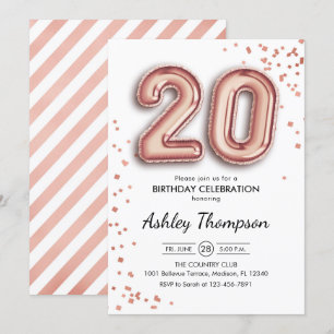20th Birthday - Rose Gold Balloons Invitation