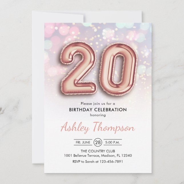 20th Birthday - Rose Gold Balloons Pink Lights Invitation (Front)